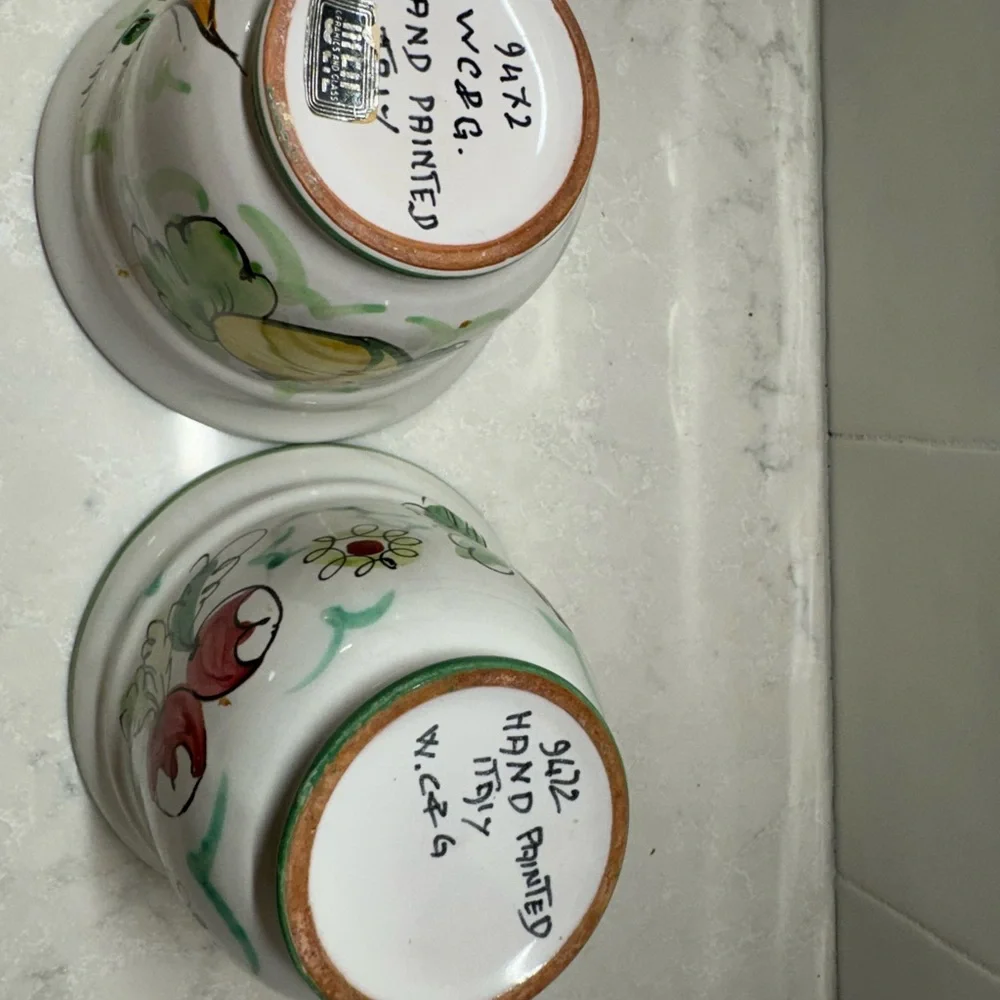 Pair of Italian Hand-Painted Planters with colorful vegetables design.